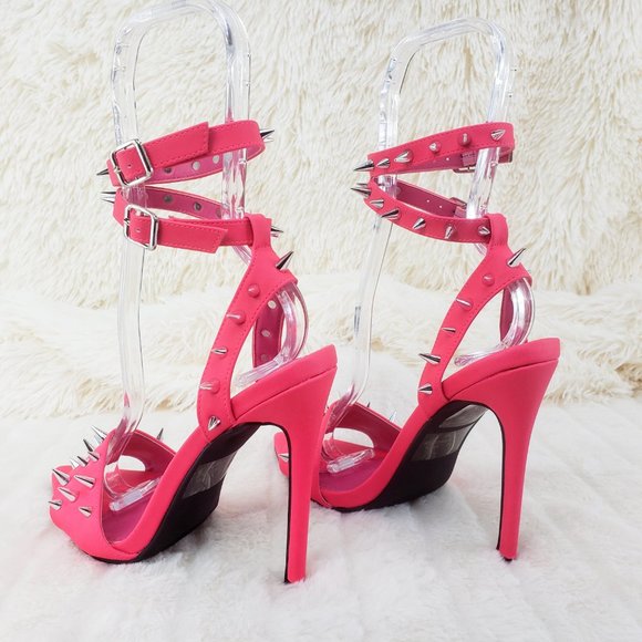 Hot Pink Spike Stud Double Strap High Heel Shoes - Picture 11 of 16